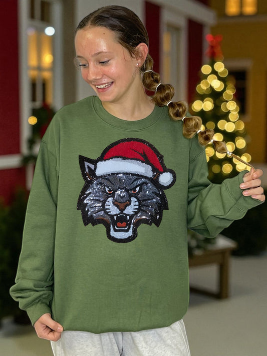 Person wearing a green sweater with a wildcat sequin patch design and Santa hat in a festive indoor setting.