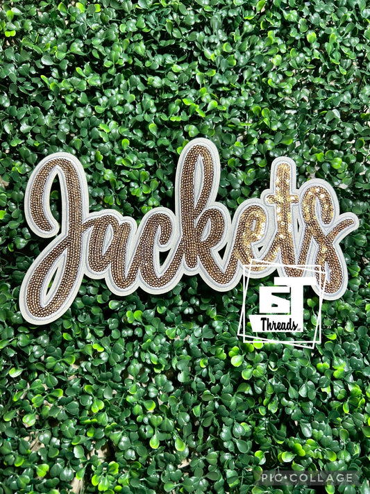 Gold and White Cursive Sequin Jackets iron on patch