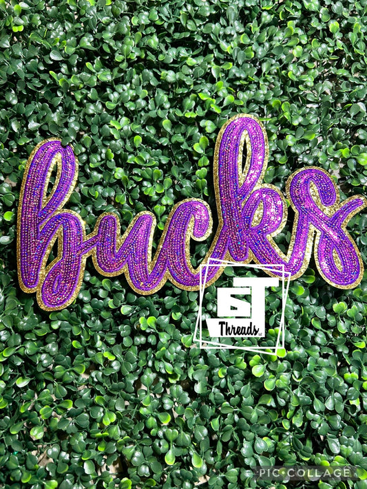Purple Cursive Sequin Bucks iron on patch