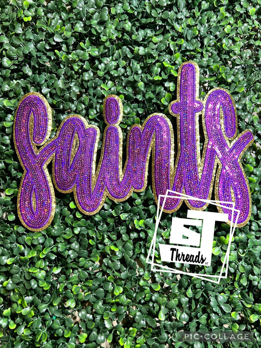 Purple Cursive Sequin Saints iron on patch