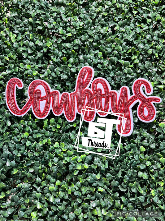 Red Cursive Sequin Cowboys iron on patch
