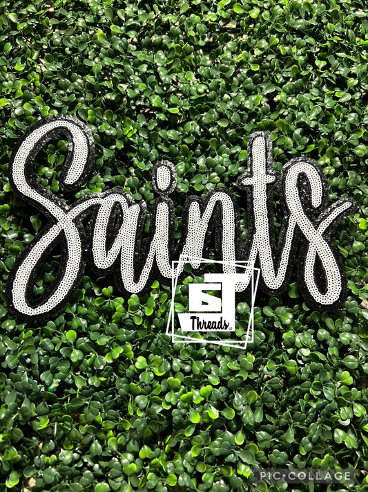 White Cursive Sequin Saints iron on patch