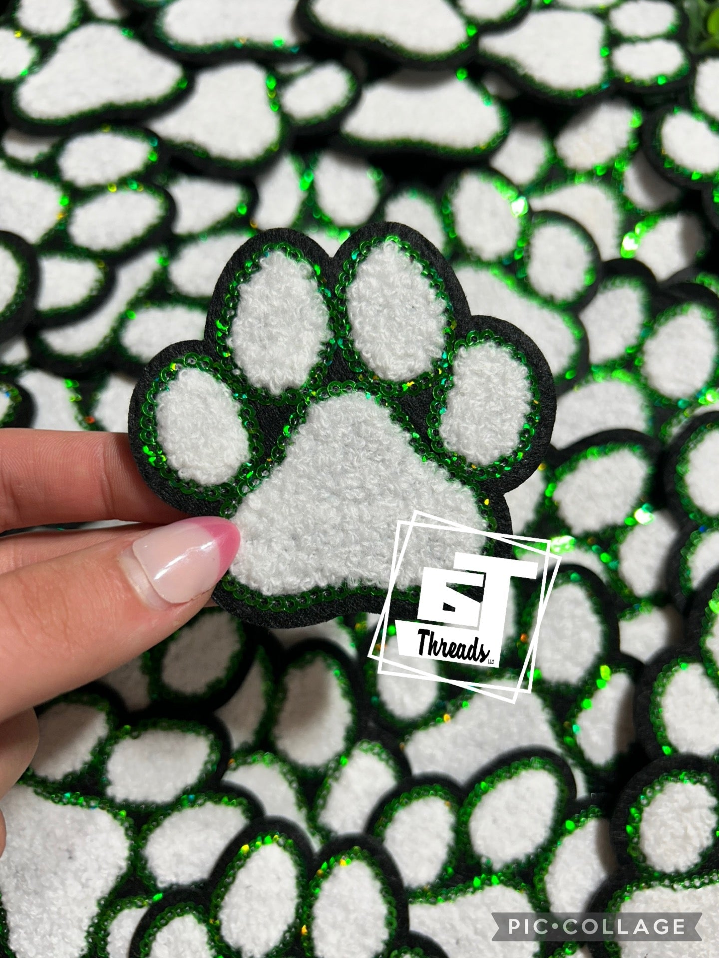 Green and White Chenille Paw Print cap patch