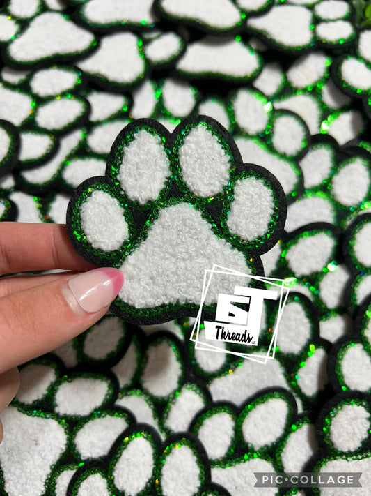 Green and White Chenille Paw Print cap patch
