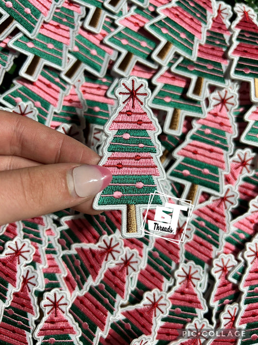 Pink and Green Stacked Christmas Tree cap patch