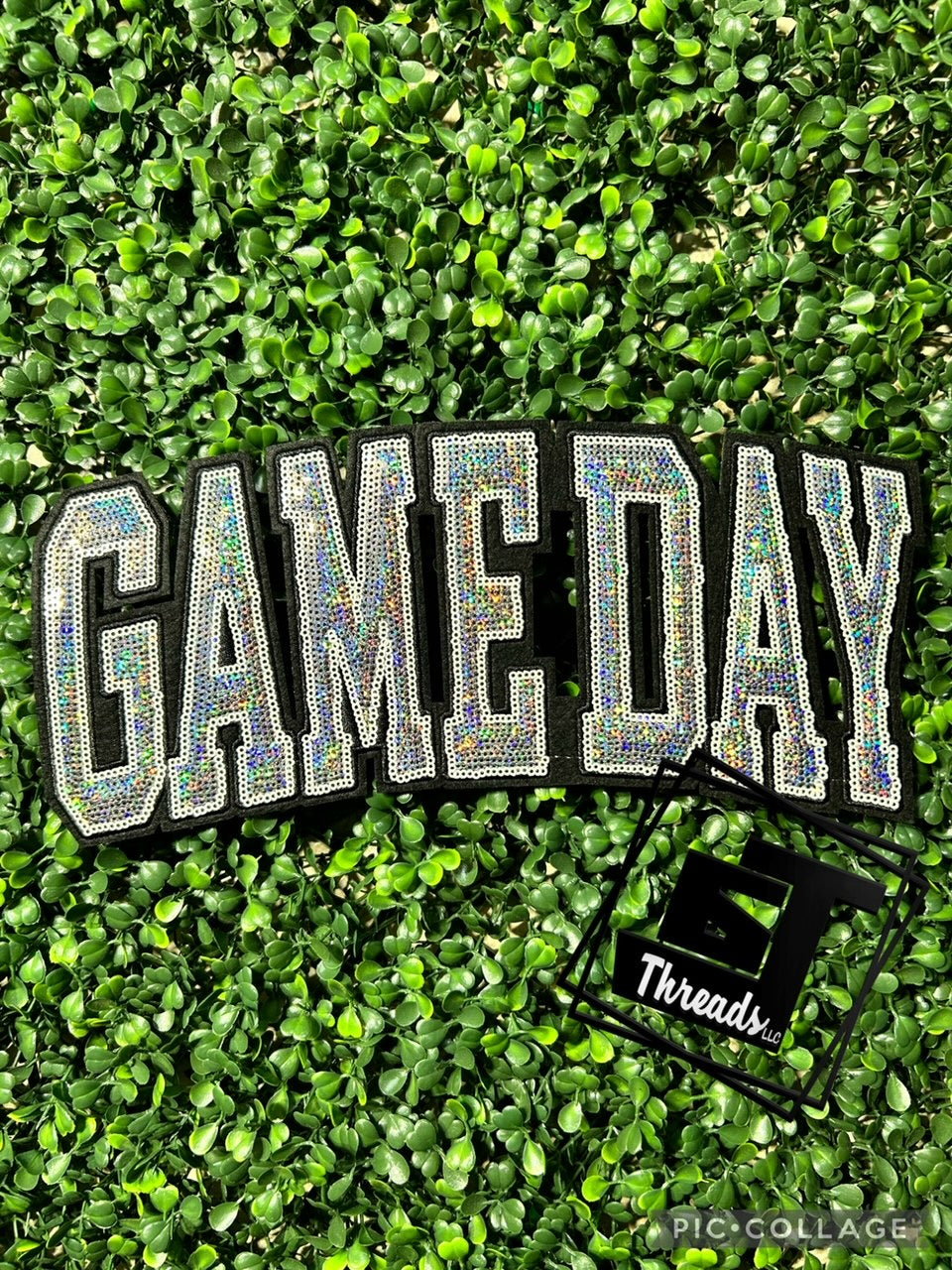 silver and black block game day iron on patch