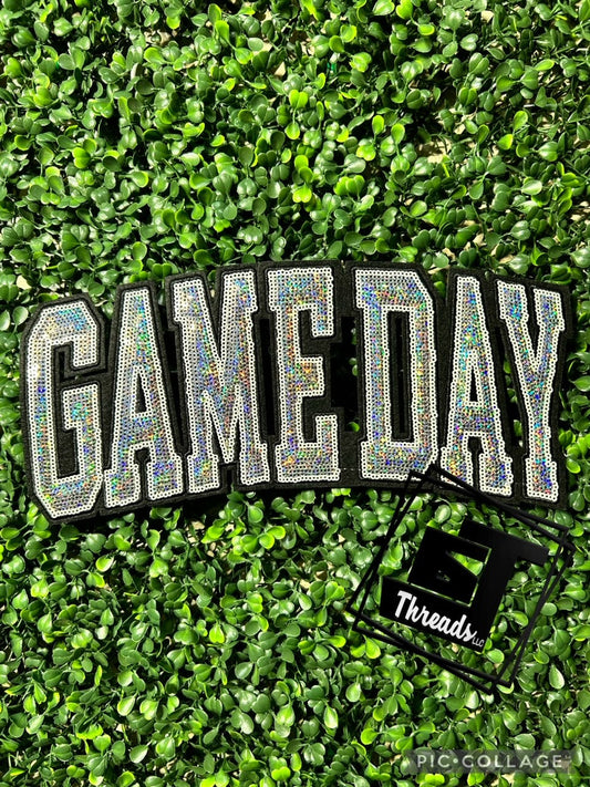 silver and black block game day iron on patch