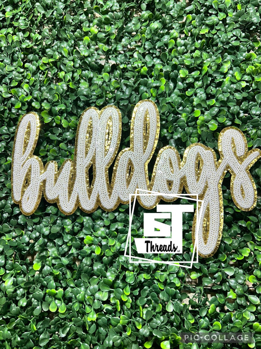 White and Gold Cursive Sequin Bulldogs iron on patch
