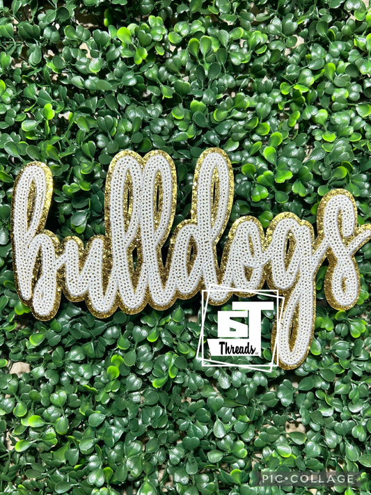 YOUTH White and Gold Cursive Sequin Bulldogs iron on patch