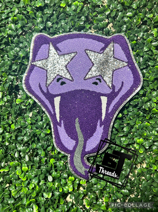 Purple chenille rattler with silver glitter back Iron on patch