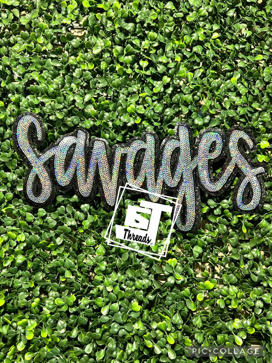 Silver Cursive Sequin Savages iron on patch