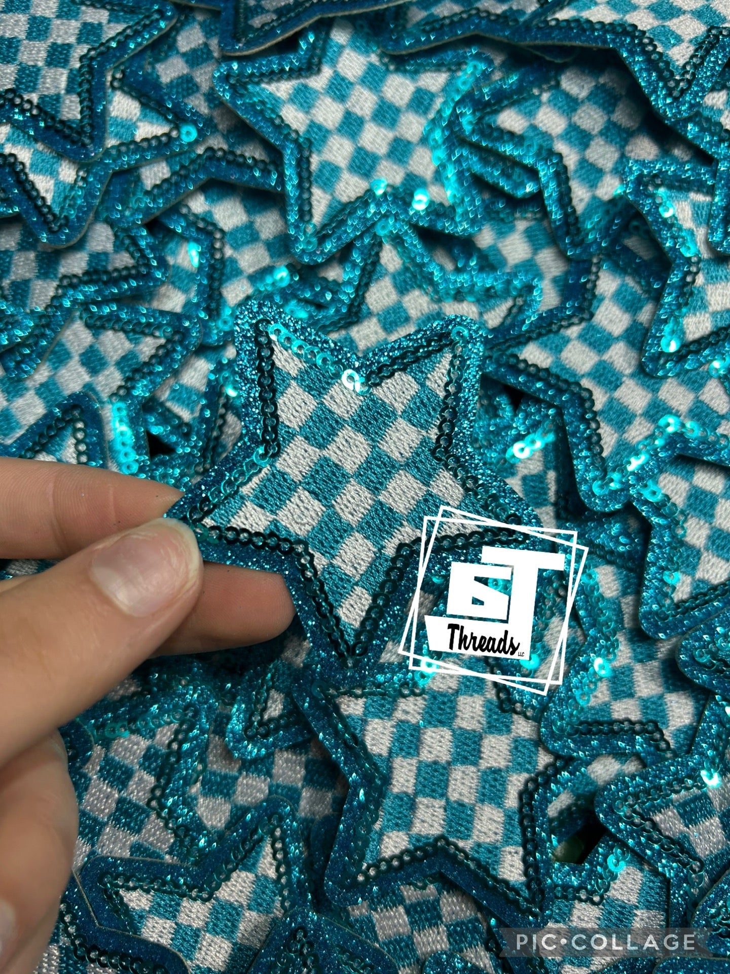 Blue Sequin Checkered Star cap patch