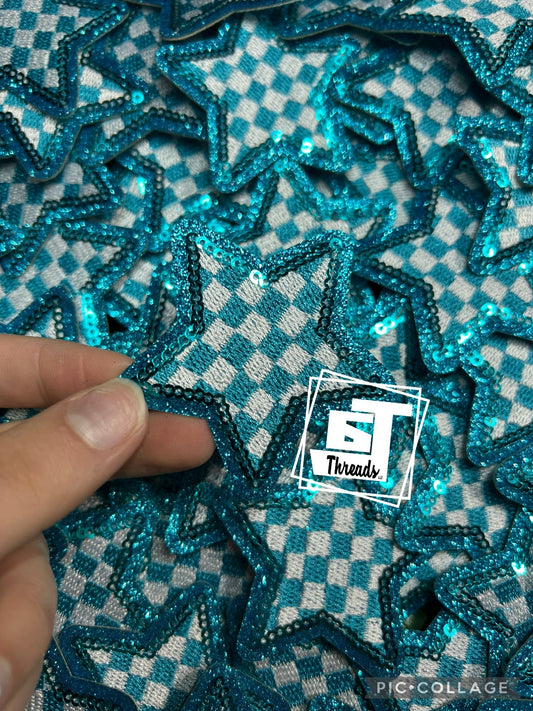 Blue Sequin Checkered Star cap patch