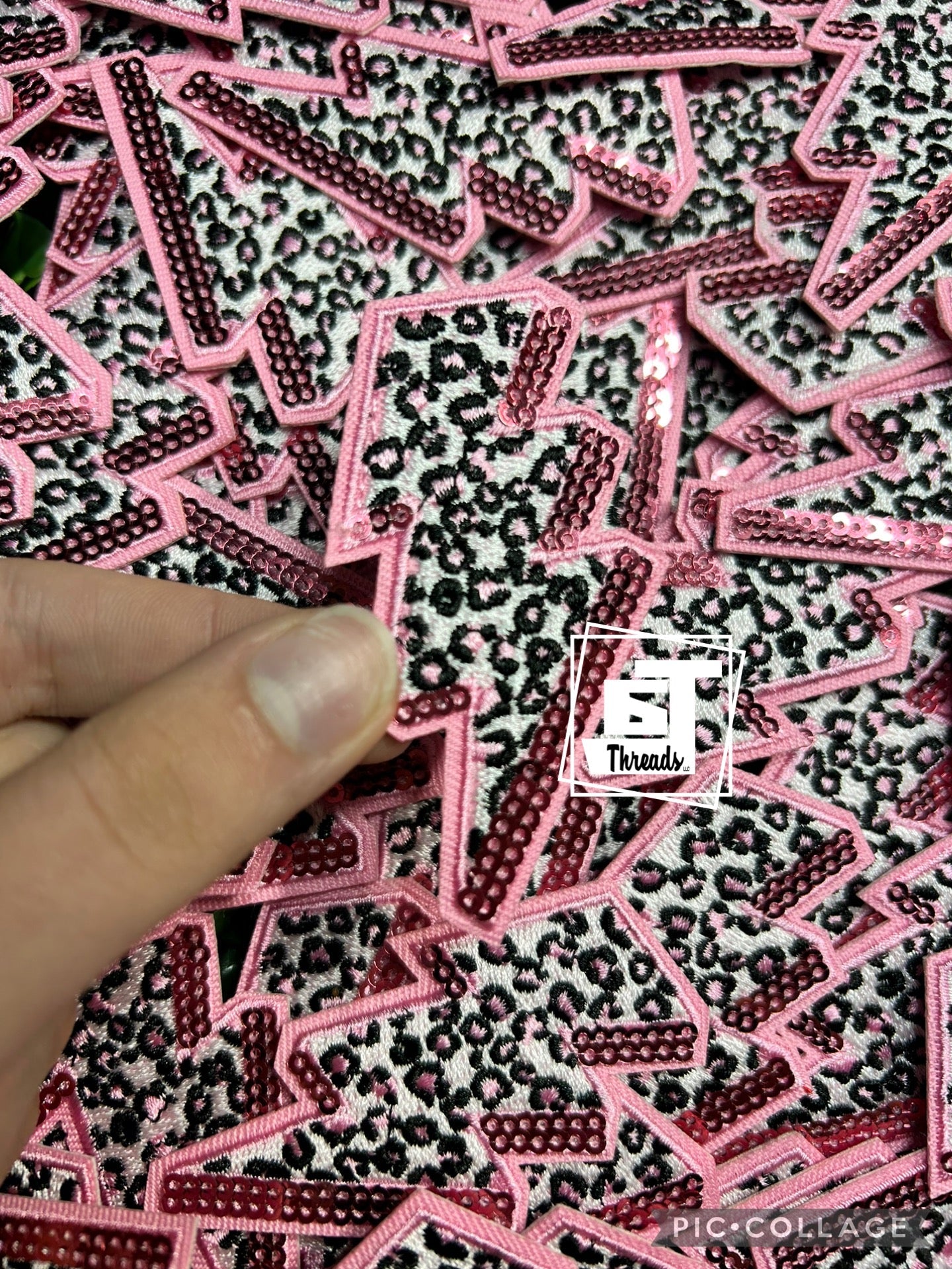 Pink Sequins Leopard Print Lightning Bolt cap patch