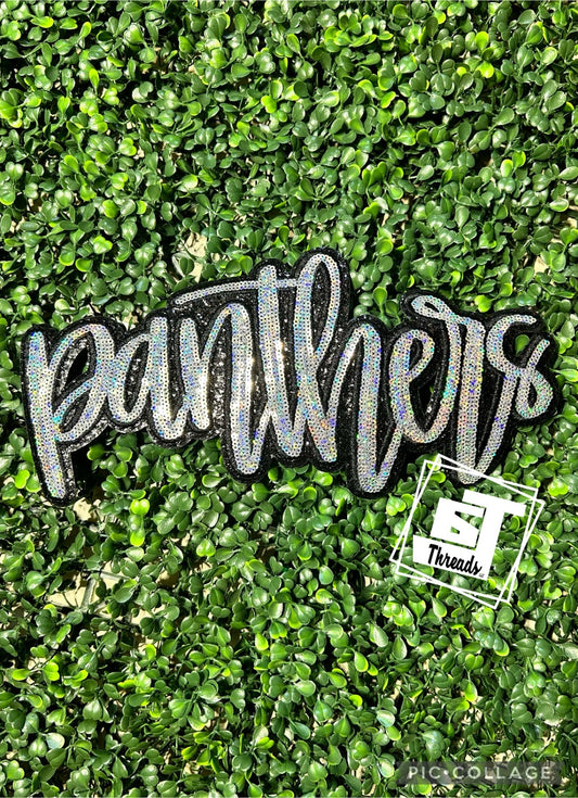 silver cursive sequin panthers iron on patch