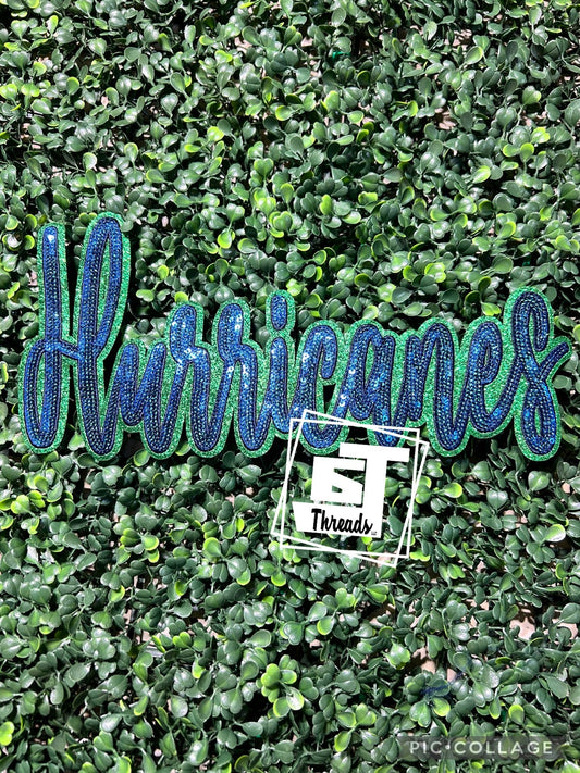 Green and Blue Cursive Sequin Hurricanes iron on patch