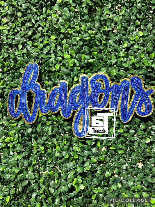 Blue Cursive Sequin Dragons iron on patch