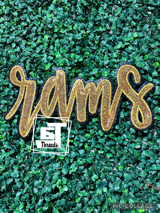 Gold Cursive Sequin Rams iron on patch