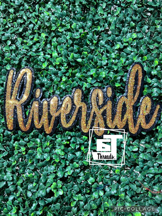 Gold Cursive Sequin Riverside iron on patch