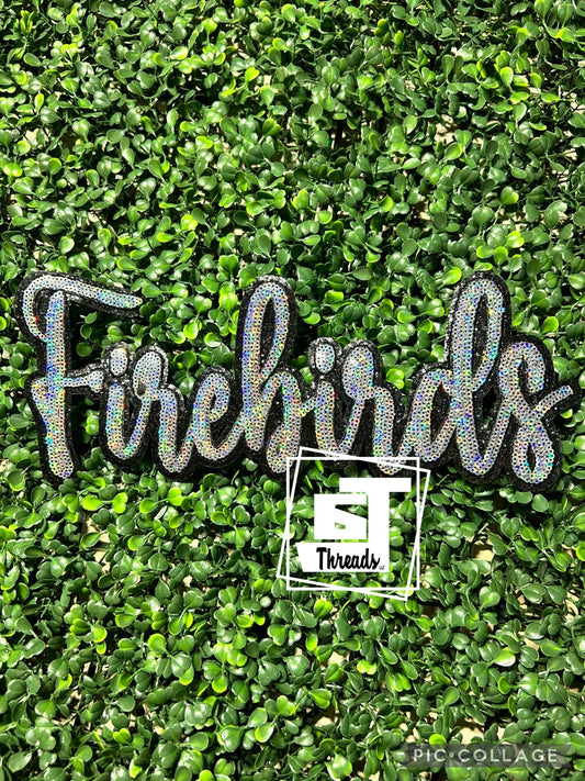 Silver Cursive Sequin Firebirds iron on patch