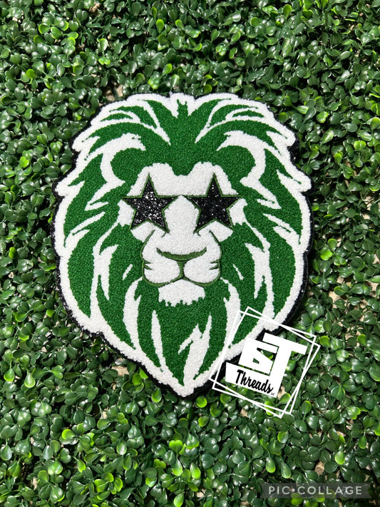 green and white chenille star eye lion iron on patch