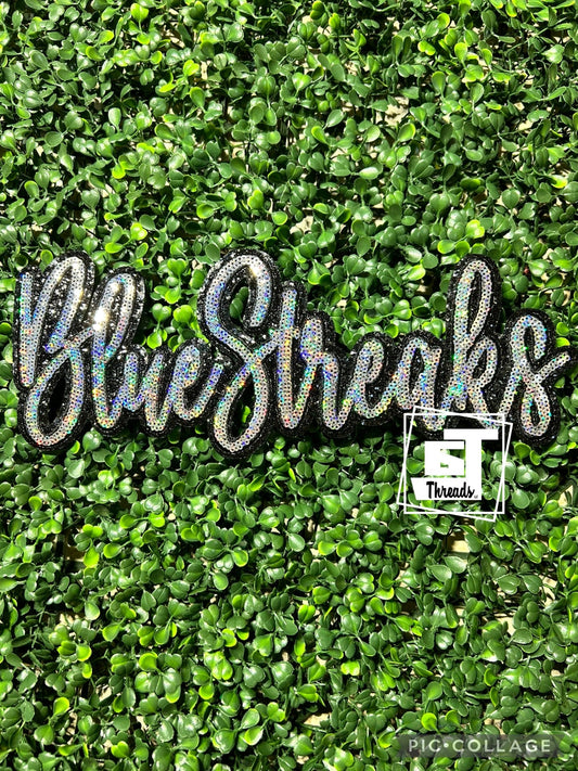 Silver Cursive Sequin Blue Streaks iron on patch