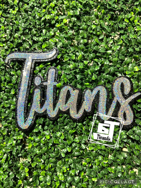 Silver Cursive Sequin Titans iron on patch