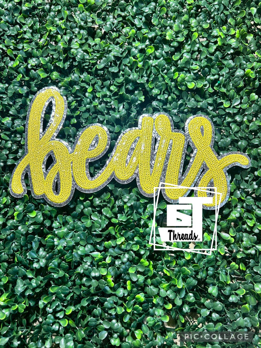 Yellow Cursive Sequin Bears iron on patch