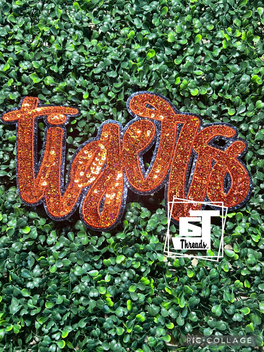 Navy Blue and Orange Cursive Sequin Tigers iron on patch