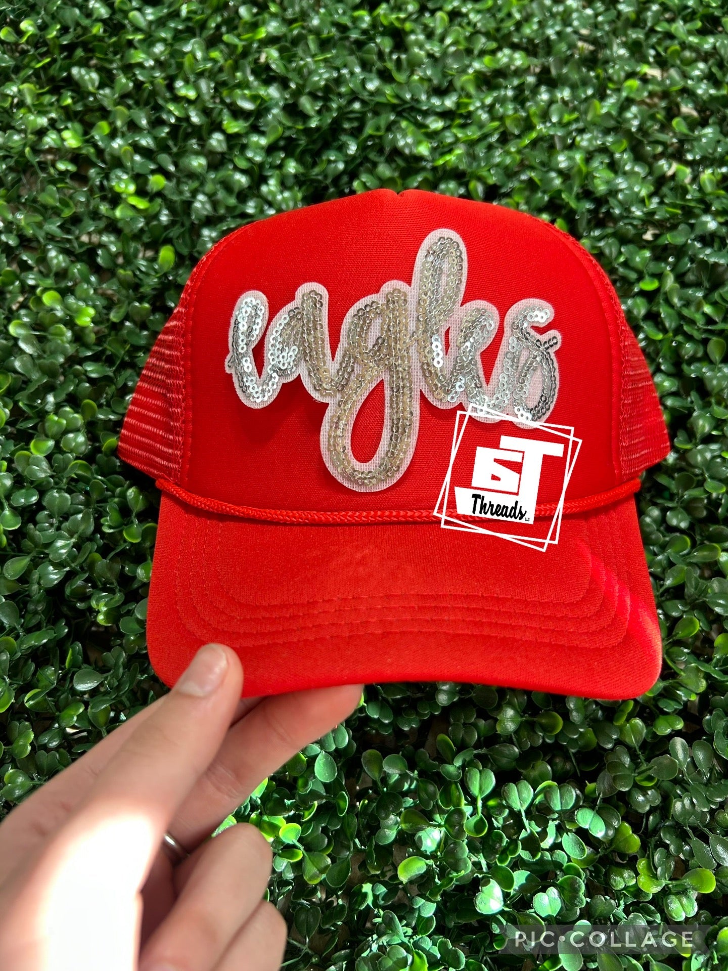 Silver Cursive Eagles cap patch