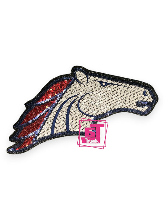 Measurements 10 inches wide by 5 inches tall
Sequin Bronco with red and blue sequin details. Also has blue embroidery and a black glitter background
Iron-on Patch