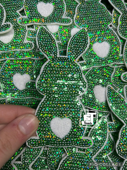green sequin bunny cap patch