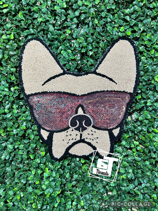 chenille frenchie with sequin sunglasses iron on patch
