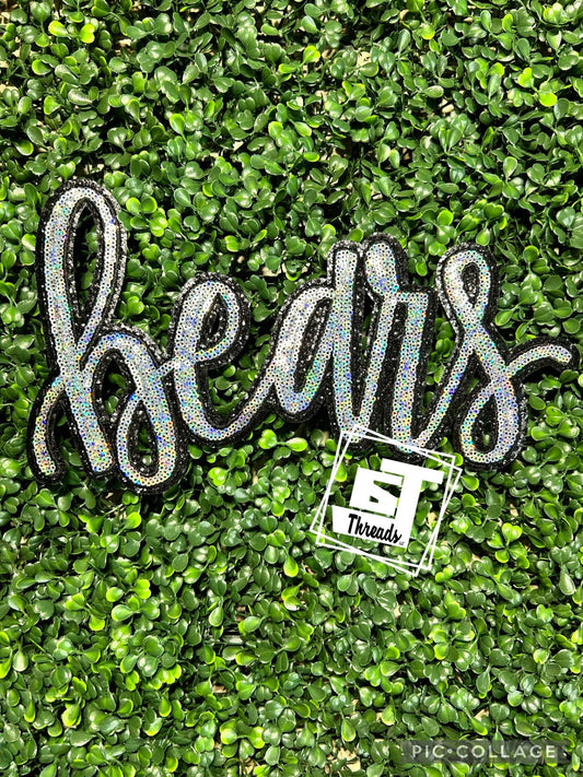 silver cursive sequin bears iron on patch