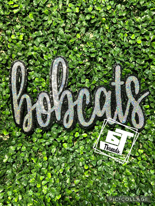 silver cursive sequin bobcats iron on patch