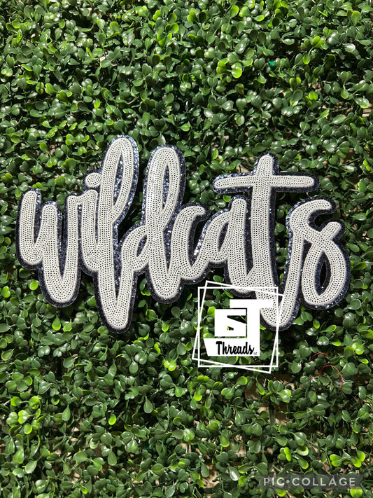 Navy and White Cursive Sequin Wildcats iron on patch