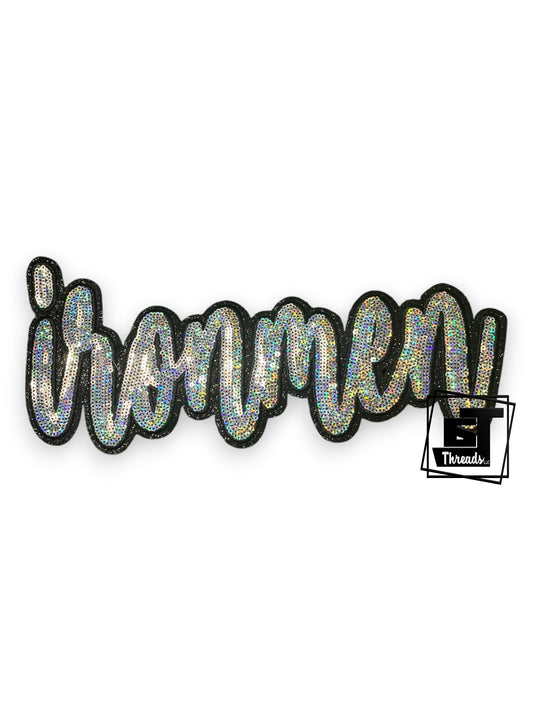 Iridescent 'ironmen' text patch on a white background