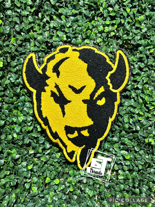 black and gold chenille bison head iron on patch