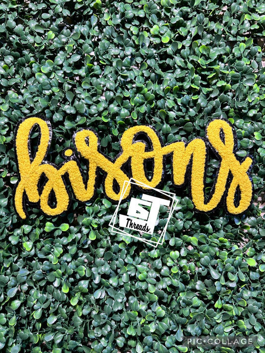 cursive chenille gold bisons iron on patch