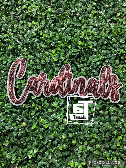 Maroon Cursive Sequin Cardinals iron on patch
