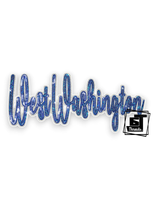 Measurements: 11.5 inches wide by 5.5 inches tall
Blue sequin cursive West Washington patch
Iron-on Patch