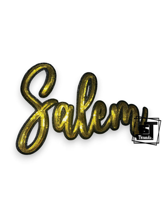 Gold 'Salem' text patch on a white background