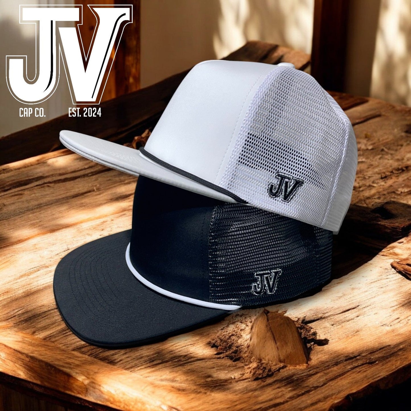 jv white cap with black rope with jv black cap with white rope