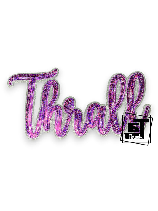 Measurements 10 inches wide by 6 inches tall
Purple cursive sequin Thrall with purple embroidery and silver glitter background
Iron-on Patch