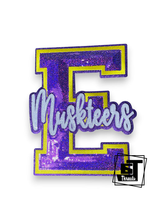 Measurements: 8 inches wide by 10 inches tall
Purple sequin Block E with white sequin Muskteers with yellow embroidery and purple glitter backgeround
Iron-on Patch