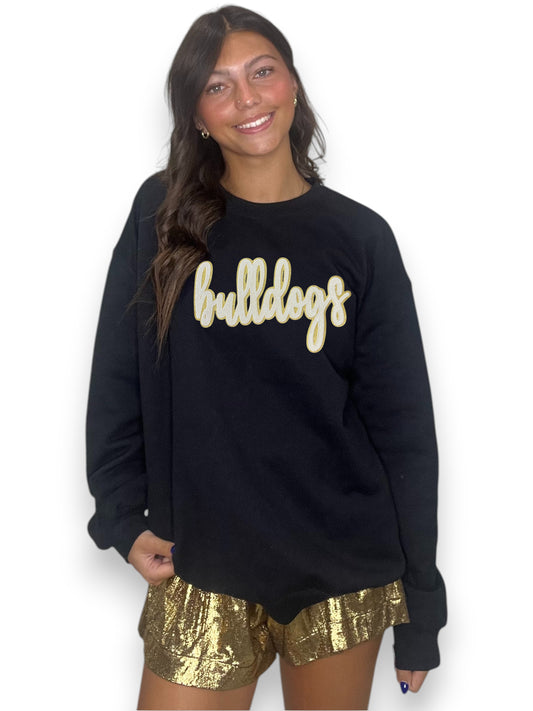 Whtie and Gold Cursive Sequin Bulldogs 