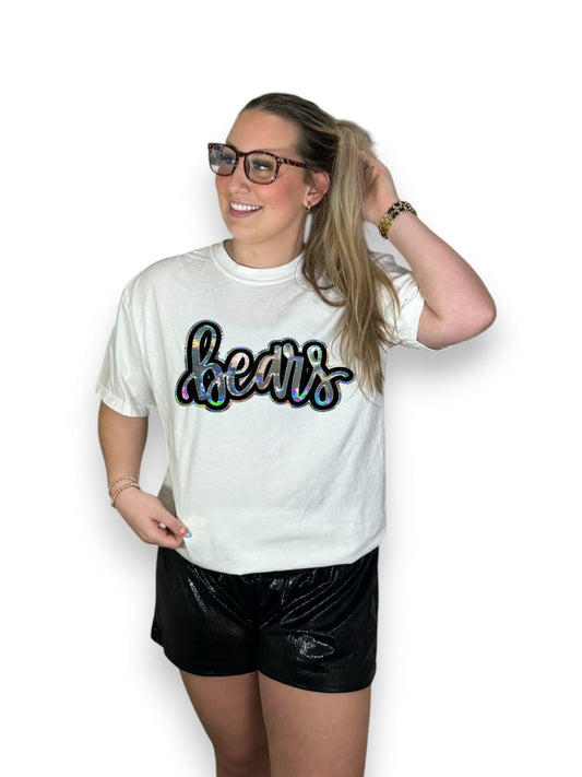 cursive metallic bears iron on patch on white shirt