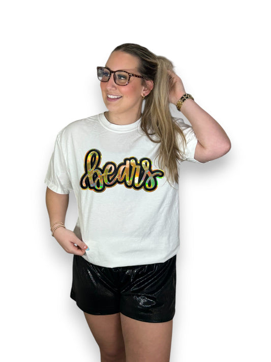 gold cursive metallic bears patch on white shirt