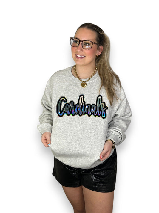cursive metallic cardinals patch on gray sweatshirt