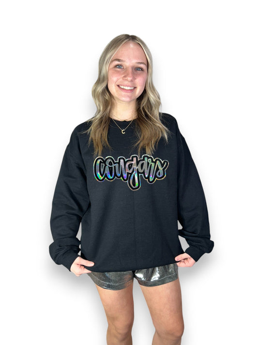 cursive metallic cougars patch on black sweatshirt